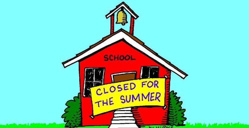 Clip art red school building with a sign saying Closed for the Summer