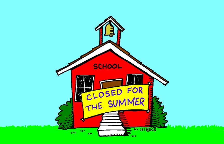 Clip art red school building with a sign saying Closed for the Summer