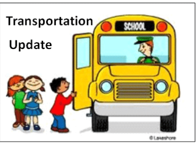 clip art of a school bus and three students "Transportation Update"