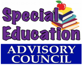 Special Education Advisory Council announcement with a stack of colorful bool with a red apple on top 
