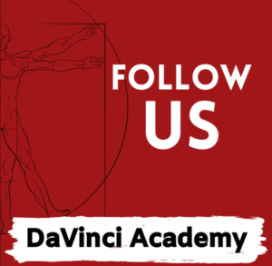 Image of the Vitruvian Man, with the words Follow Us DaVinci Academy