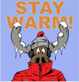clipart of a moose wearing a red coat and gray stocking cap with ice and snow on it's antlers