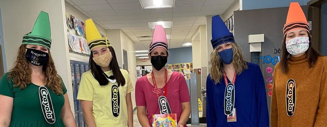 First grade team dressing up as crayons for dress as a storybook character day.